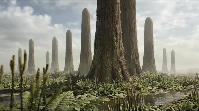 Giant Prototaxites fungus standing in a misty prehistoric landscape, representing a photorealistic reconstruction of the first large terrestrial organisms from the Paleozoic era on Earth