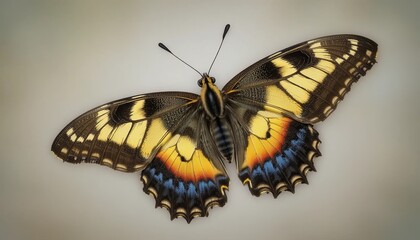 Vibrant butterfly with yellow, black, and blue wings spread wide