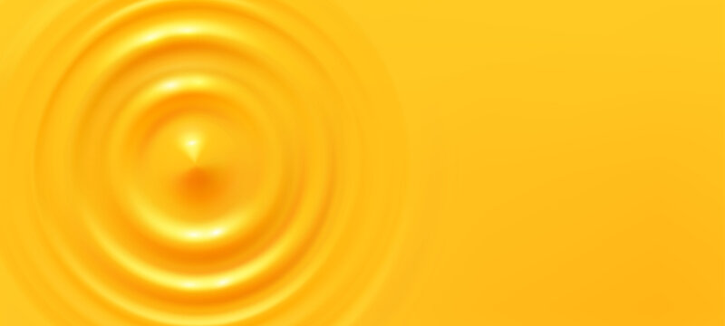 Ripple, splash water waves surface from drop background. Yellow sound impact effect top view. Vector circle liquid shampoo, orange juice,  beverage swirl round texture template