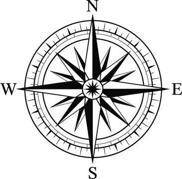A black and white illustration of a compass rose