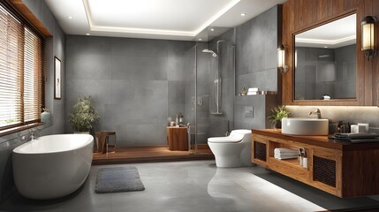 Modern luxury freestanding bathroom with walk-in shower high resolution photo