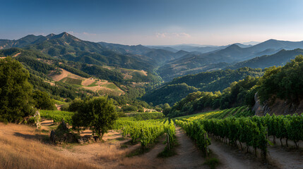 Obraz premium Summer mountain landscape with green forest, valley, and blue sky in the countryside