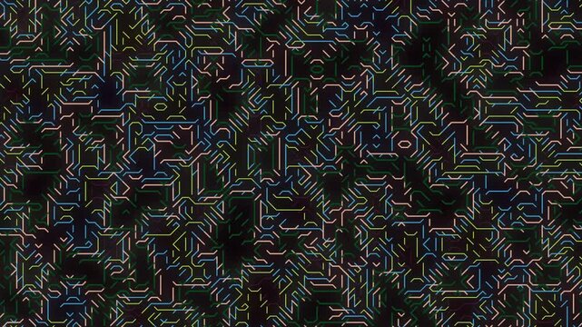 Colorful neon abstract pattern of tangled lines on a dark background, a vibrant digital composition.