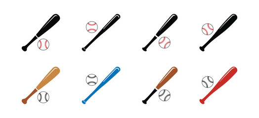 Collection of baseball bat and ball vector icons in different colors and styles. Minimal flat design sports equipment illustration isolated on white background.
