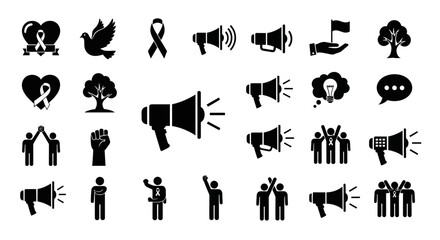 Obraz premium Collection of protest and activism icons in black.
