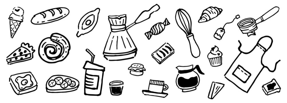 brush hand drawn vector set coffee and tea line art. Whimsy breakfast with coffee cup, croissant, cafeteria food. vector illustration for cafe Breakfast or brunch with coffee and croissant doodle ve