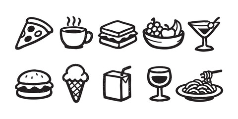 Set of hand-drawn food and beverage doodle icons including pizza, burger, coffee, fruit, and dessert in minimalist black line art style.