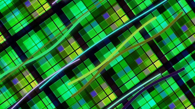 Vibrant green geometric plaid abstract pattern with diagonal lines and grid textures.