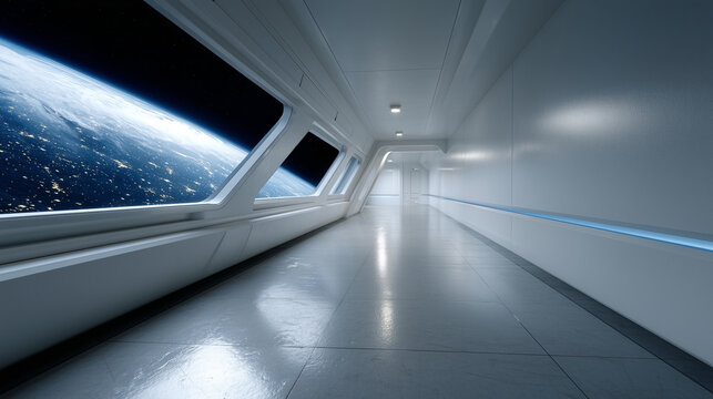 Futuristic spaceship corridor with panoramic window view of Earth, sleek sci fi interior, clean white architecture, deep space travel concept, advanced technology and cosmic exploration scene