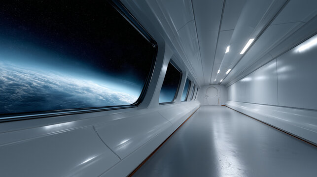 Futuristic spaceship corridor with panoramic window view of Earth, sleek sci fi interior, clean white architecture, deep space travel concept, advanced technology and cosmic exploration scene
