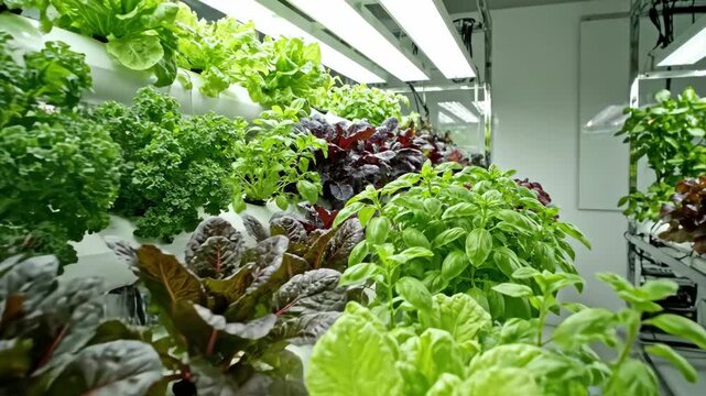 Indoor vertical farm with rows of fresh green hydroponic lettuce crops growing under LED lights, sustainable agriculture concept.