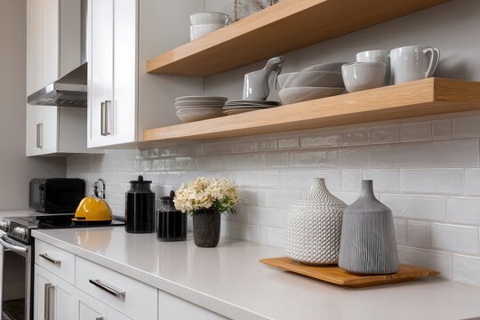 White kitchen with floating wood shelves holding gray bowls/mugs. tile backsplash, white counters, stainless steel appliances. Black canisters, yellow kettle, vases on wooden tray. Ne