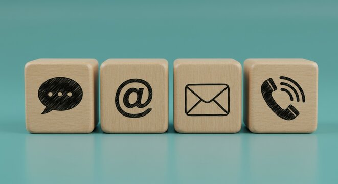 Four wooden blocks with icons for communication methods on a blue background viewed from a straightforward perspective