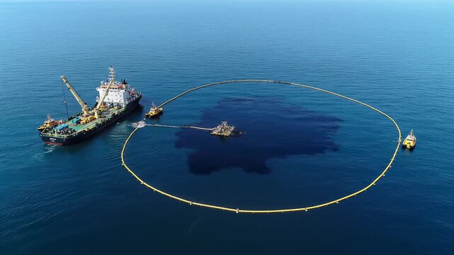 Aerial view of ships containing oil spill in the ocean with floating barrier, symbolizing environmental disaster response and cleanup efforts.