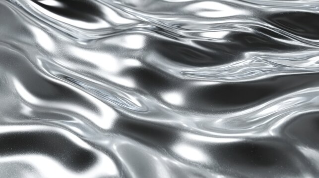 Abstract liquid silver background with flowing metallic waves and shimmering glitter texture, high quality 3D render of rippled chrome surface for luxury cosmetics branding or futuristic web design