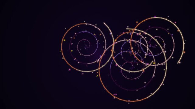 Abstract glowing orbits and circular spirals against a dark purple background.