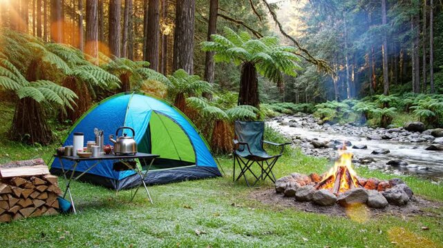 This picturesque scene captures a tranquil wilderness campsite nestled by a flowing river, surrounded by a dense forest of towering evergreen trees and lush green ferns. A vibrant blue and green tent 