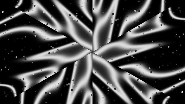 A mesmerizing radial six-pattern abstract animation with swirling white glowing lines and sparkling particles on deep black background seamless loop