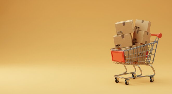 Shopping cart filled with cardboard boxes viewed from the side on a plain background