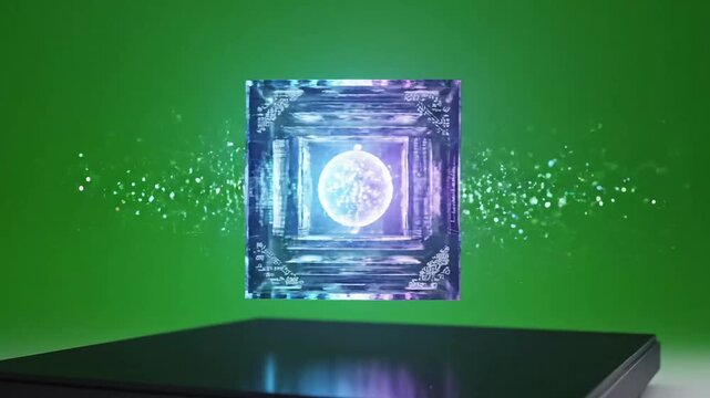 Futuristic quantum computing cube floating slightly above a flat professional studio platform with a bright chroma green screen background