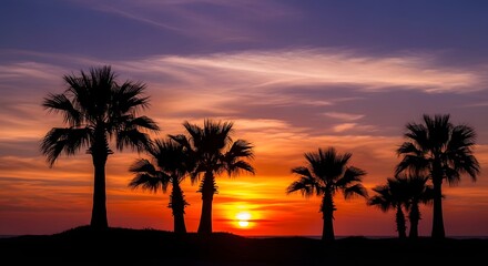 Fototapeta premium Serene tropical sunset with silhouetted palm trees on a vibrant orange and purple sky