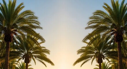 Obraz premium Serene tropical sunset with palm trees silhouetted against vibrant sky