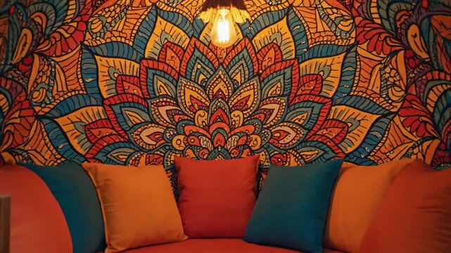 Immerse yourself in a vibrant and inviting interior space, featuring a mesmerizing, intricate mandala-style pattern adorning the curved wall. The rich tapestry of warm colors, including fiery oranges,