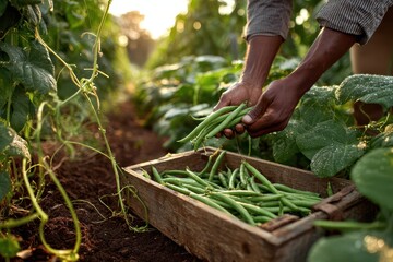 Fresh green beans harvest: hands placing crisp pods into a wooden crate under warm golden hour light