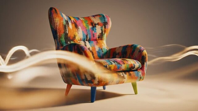 A striking, vibrantly upholstered armchair takes center stage, featuring a rich, abstract multi-colored pattern and playful, mismatched legs. Dynamic, golden light streaks gracefully sweep across the 