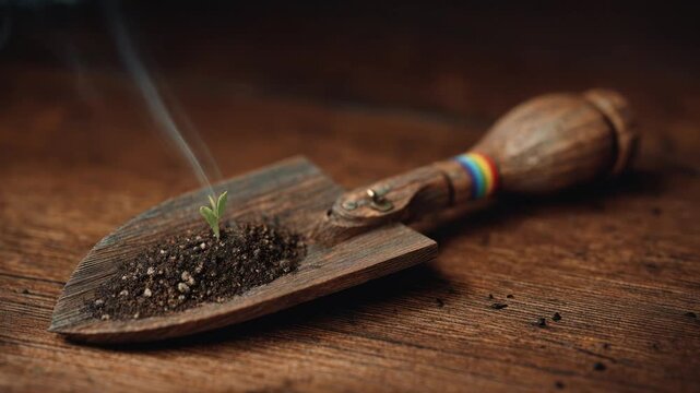 A small plant sprouts in a wooden trowel on a weathered wooden surface, with a smoke trail