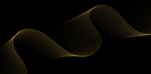 Golden wavy lines flowing across a dark background, illustrating a dynamic motion graphic design element, viewed from a straightforward perspective, as seen in .eps