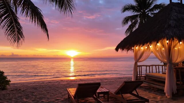 A breathtaking tropical sunset or sunrise paints the sky with vibrant hues of orange, pink, and purple, casting a warm glow over a serene sandy beach. Silhouetted palm fronds gracefully frame the pict