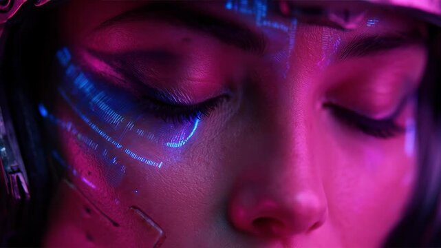 Futuristic cyberpunk woman with digital HUD interface on face opening eyes in neon light