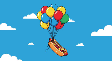 Fototapeta premium Hot dog flying high with colorful balloons.