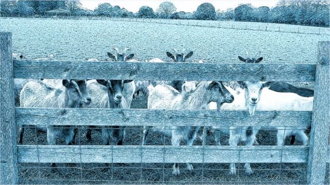 Vintage blue etching animation of a curious goat herd standing behind a wooden rustic fence. Classic hand-drawn sketch style with a farm landscape background in monochrome cyan.