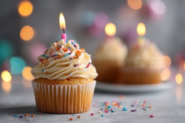 Festive cupcake on a gray table, candle flames and gentle bokeh glow