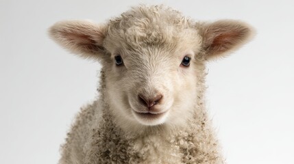 Fototapeta premium Close-up portrait of a baby lamb on a pure white background, direct gaze toward the camera