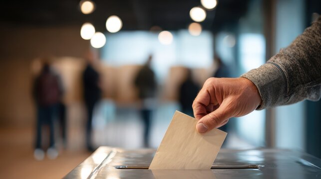 A voter drops a folded ballot into a metal ballot box at a polling station