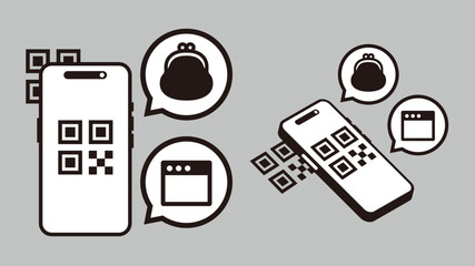 QRコード決済とモバイルコミュニケーションのアイコンセット｜キャッシュレス・スマホ決済ベクター © 秀晃 岡庭