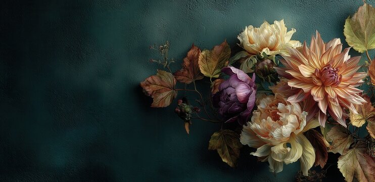 arr. w/ peonies, dahlias, autumn leaves vs. teal bg. Soft light highlights layered petals & creampurple grad. Asym. comp. in right third. Elegant, contemplative mood. Stylized, painterly, satu