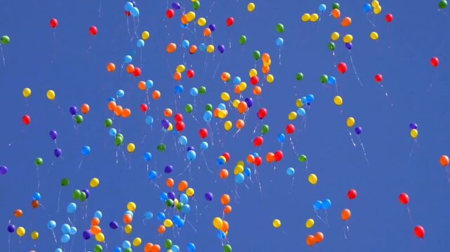 Colorful party balloons floating in blue sky - celebration, freedom and joy concept