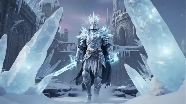 Fantasy Knight in Frozen Castle Ruins.