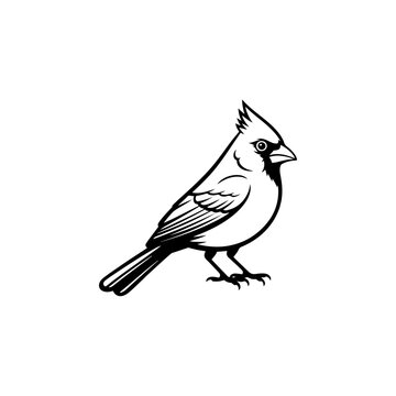 A detailed black and white vector illustration of a cardinal bird perched. A high-contrast nature graphic featuring the bird's iconic crest, isolated on a white background.