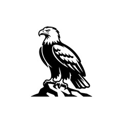 Fototapeta premium A bold black and white vector illustration of a majestic bald eagle perched on a rock. This high-contrast nature graphic features detailed feathers and a sharp beak.