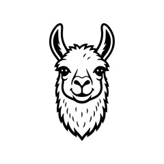 Fototapeta premium A bold black and white vector illustration of a llama's head. This high-contrast animal portrait features expressive eyes and large ears on a clean white background.