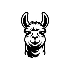 Fototapeta premium A bold black and white vector illustration of a llama's head. This high-contrast animal portrait features expressive eyes and large ears on a clean white background.