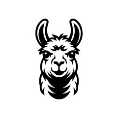 Fototapeta premium A bold black and white vector illustration of a llama's head. This high-contrast animal portrait features expressive eyes and large ears on a clean white background.