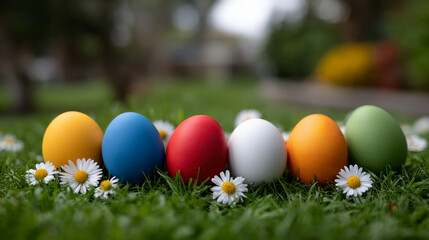 Fototapeta premium Colorful eggs in green grass. Six colorful eggs rest on green grass surrounded by white flowers on a sunny day in a garden setting.