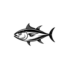 A bold black and white vector illustration of a tuna fish in profile. This high-contrast marine graphic features sharp fins and detailed scales on a white background.