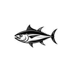 A bold black and white vector illustration of a tuna fish in profile. This high-contrast marine graphic features sharp fins and detailed scales on a white background.